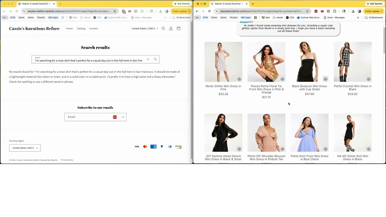 Before and after: a Shopify store with shopperGPT and cleanerGPT
