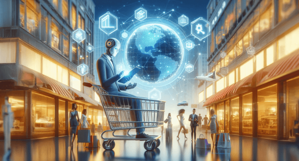 A futuristic shopping scene featuring a humanoid robot in a shopping cart, surrounded by digital icons and a globe, representing e-commerce innovation.