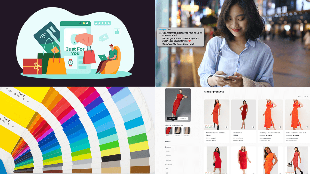 A vibrant color palette alongside a woman engaging with her smartphone, showcasing online shopping and fashion choices.