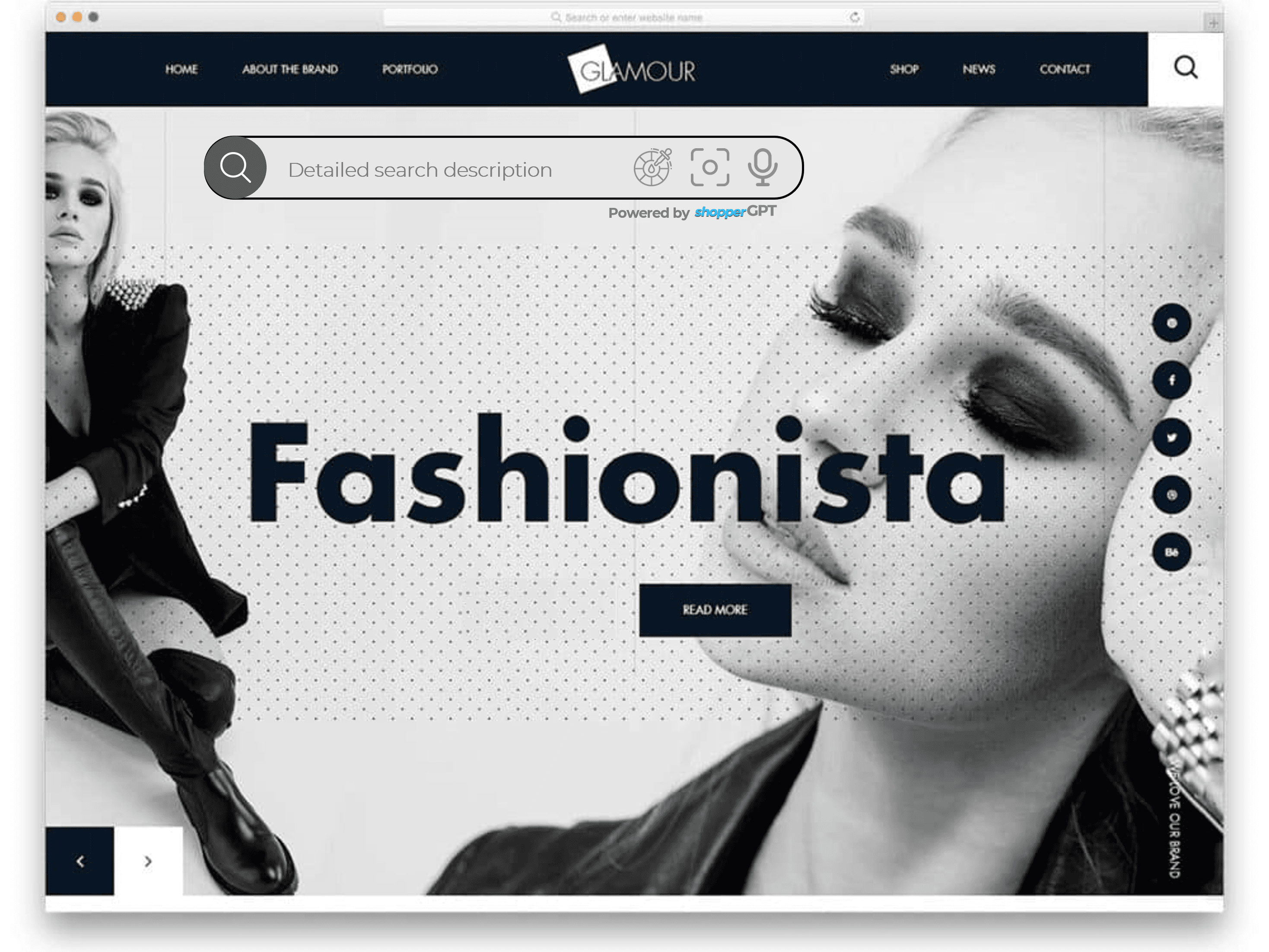Screenshot of a fashion website featuring a model with stylish makeup and a bold fashion statement, showcasing the brand Glamour.
