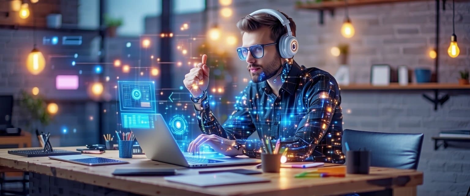 Man wearing glasses and headphones working on a laptop in a modern office with digital graphics.