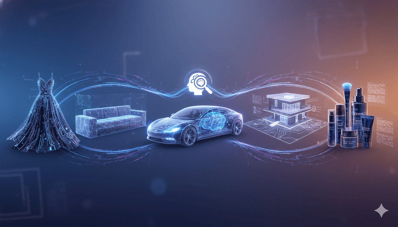 Visual representation of a dress, sofa, car, building, and beauty products in a digital format with circuit patterns.