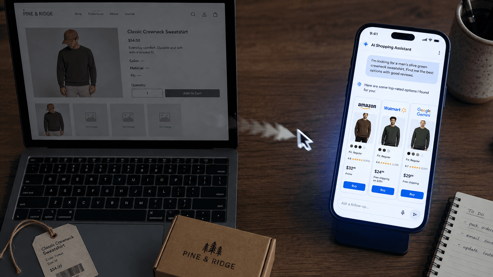 A laptop and phone show Pine & Ridge sweatshirt listings alongside AI Shopping Assistant results for olive green crewnecks.