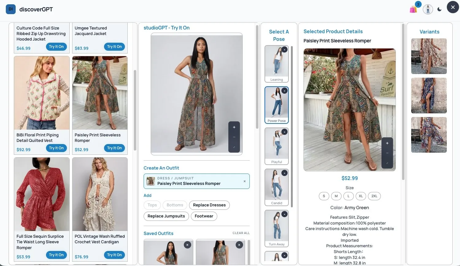 A virtual try-on interface shows a shopper wearing a paisley print sleeveless romper, with selected poses and product details.