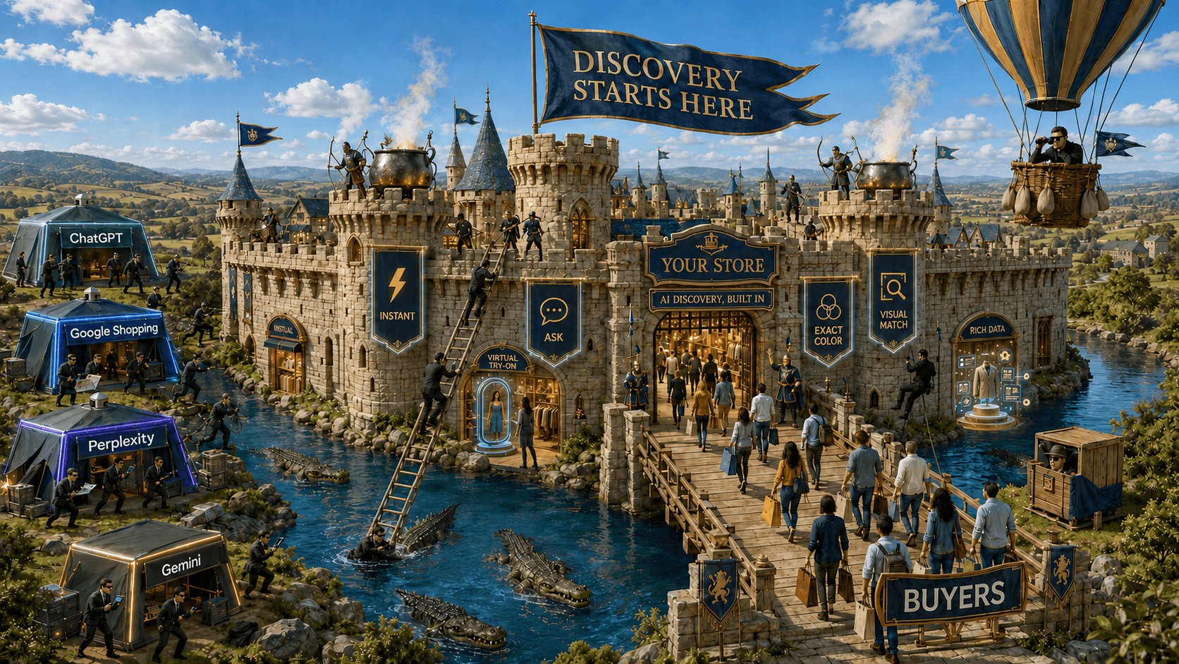 Illustration of a fortified storefront converting shoppers who cross the bridge past competing AI discovery channels on the riverbanks