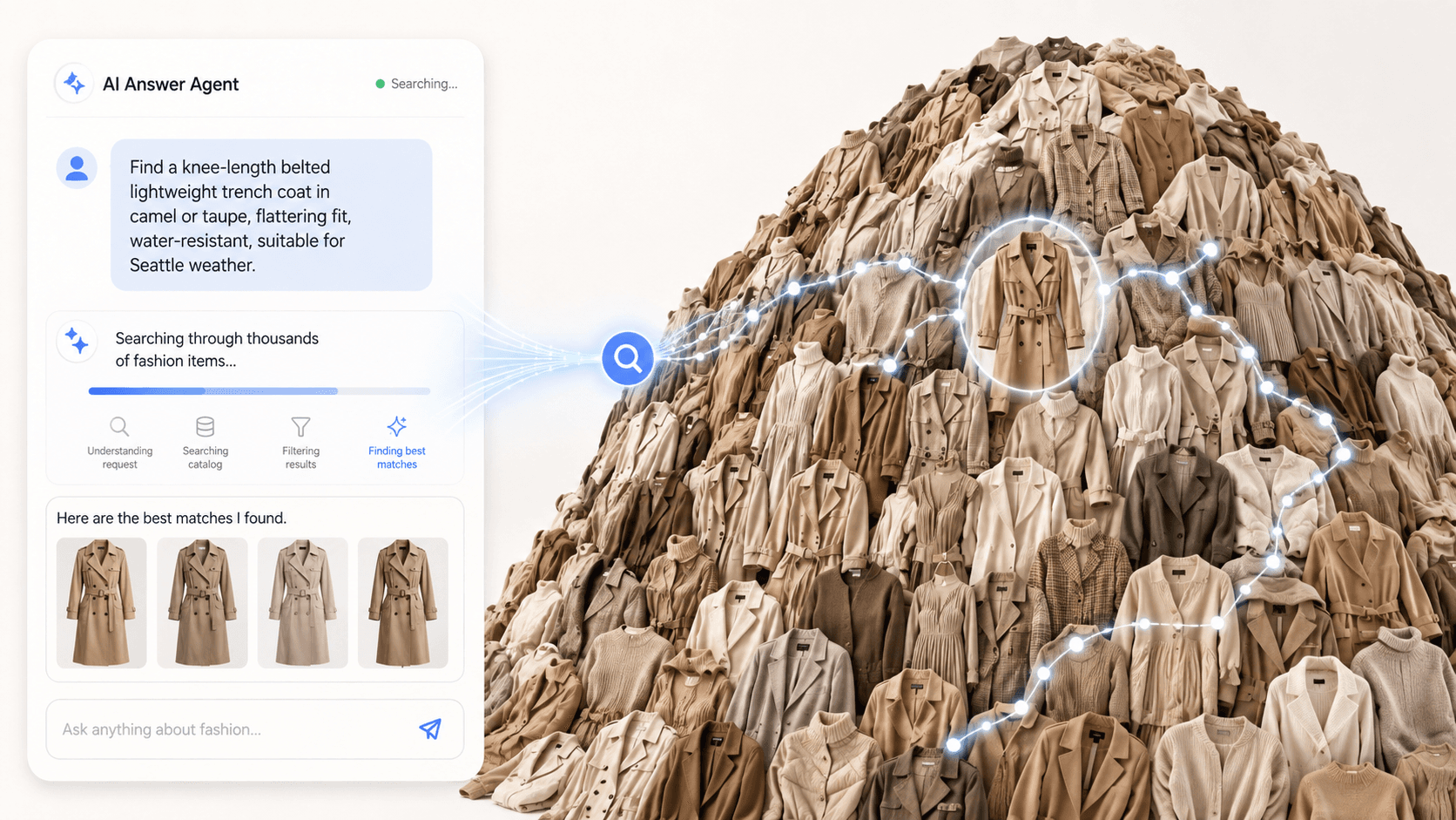 An AI answer agent finding the one matching product in a massive pile of similar catalog items — the needle in the agentic haystack