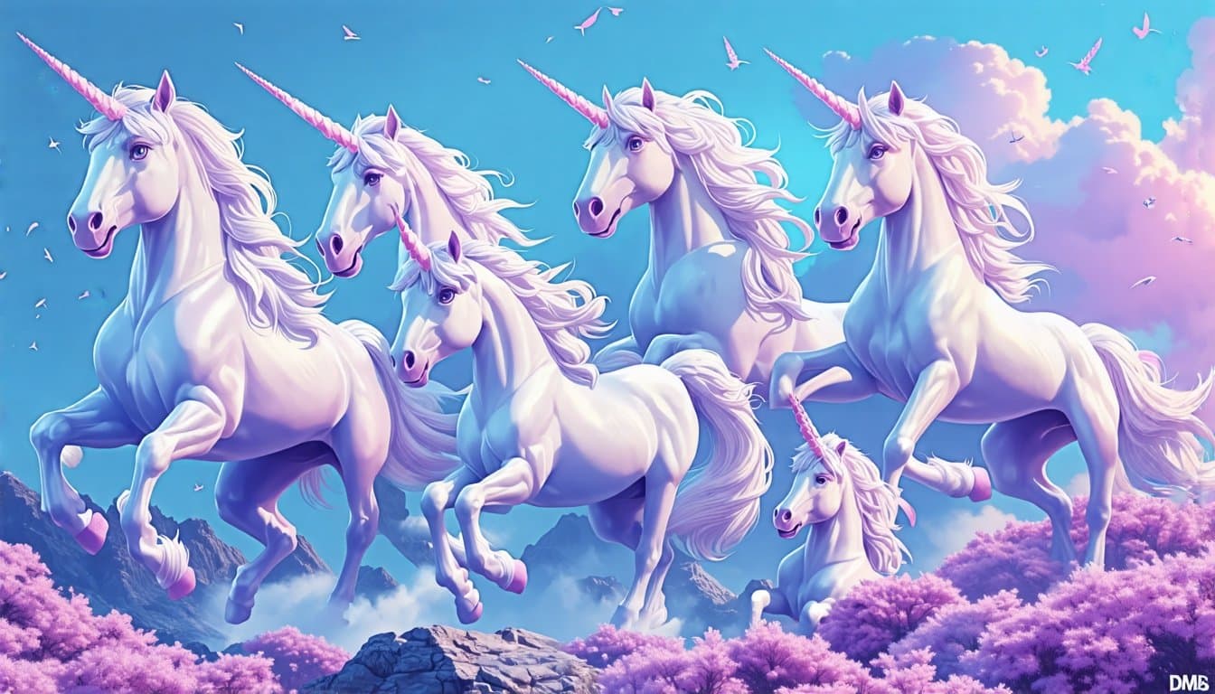 A group of six white unicorns with pink horns running through a vibrant landscape filled with pink flowers and blue skies.