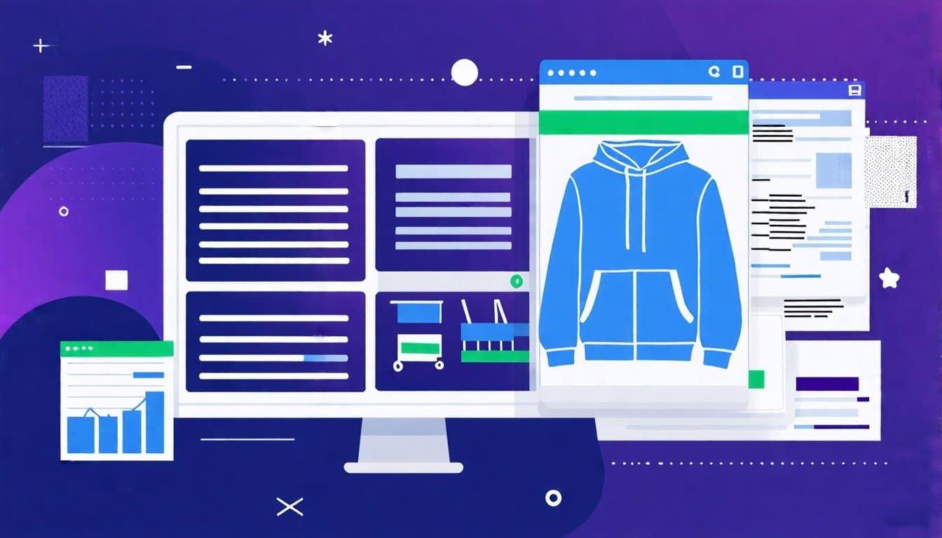 E-commerce dashboard showcasing a blue hoodie design alongside various product listings and analytics charts.