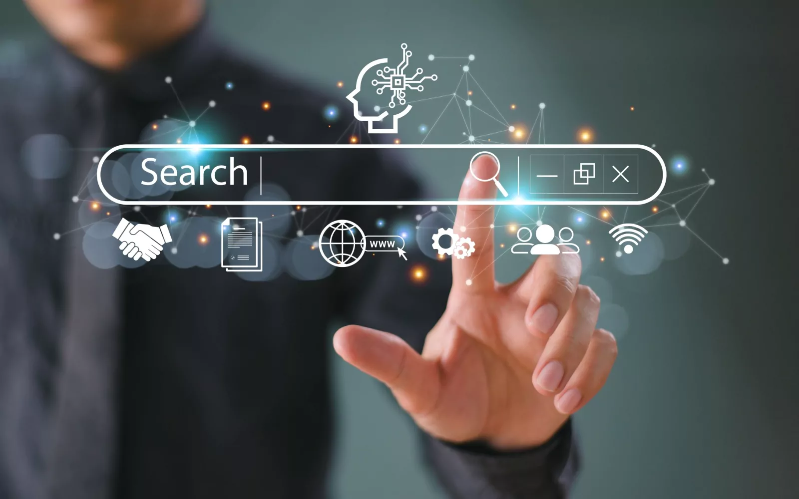 A person interacting with a digital search bar featuring AI and technology icons.
