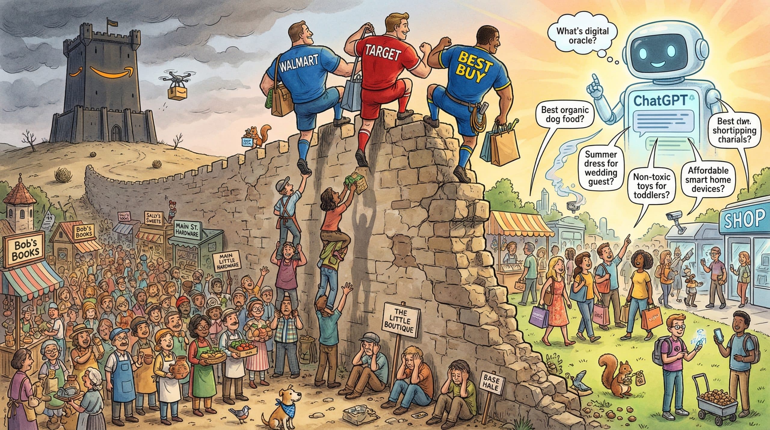 A colorful, crowded market scene beside a crumbling stone wall, featuring people wearing Walmart and Target shirts, a blue Best Buy shirt, and a friendly ChatGPT robot nearby