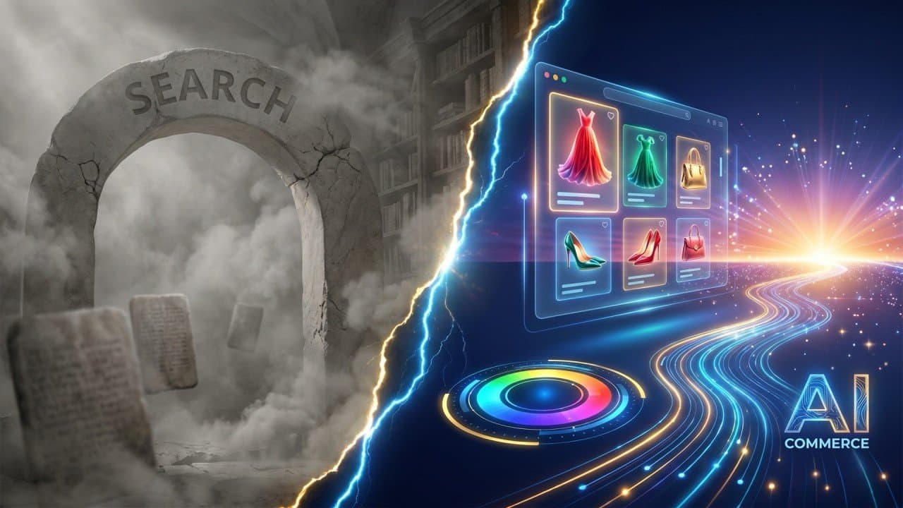 From Shopify Founding Partners to AI discovery, the image contrasts old search with shopperGPT-style browsing, color filtering, and product discovery.