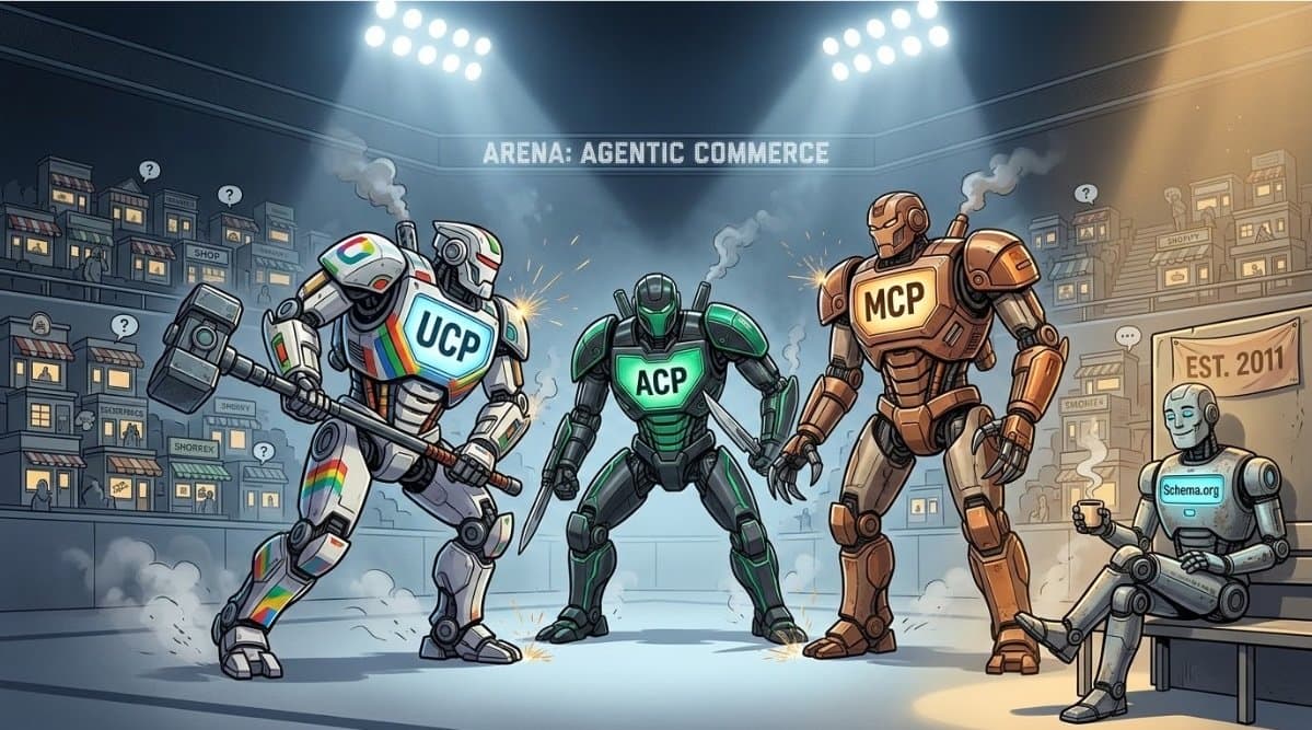 Three battle robots labeled UCP, ACP and MCP face off in an arena, while a Schema.org robot watches from the side amid city storefronts.