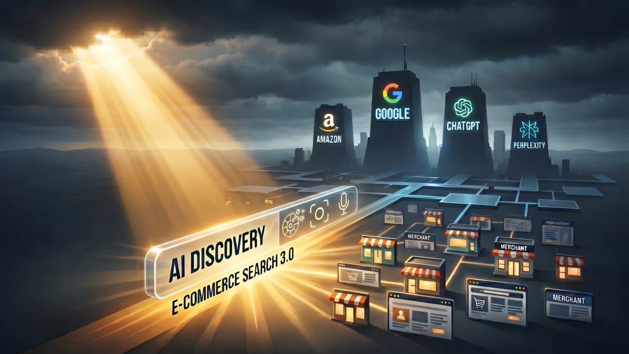 Under dark skies, AI Discovery and E-Commerce Search 3.0 rise beside Amazon, Google, ChatGPT, and Perplexity in a commerce search showdown.