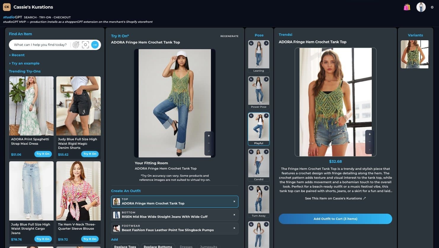A dark studioGPT shopping dashboard for Cassie's Kurations shows a try-on view, product variants and outfit-building tools around the ADORA tank top.
