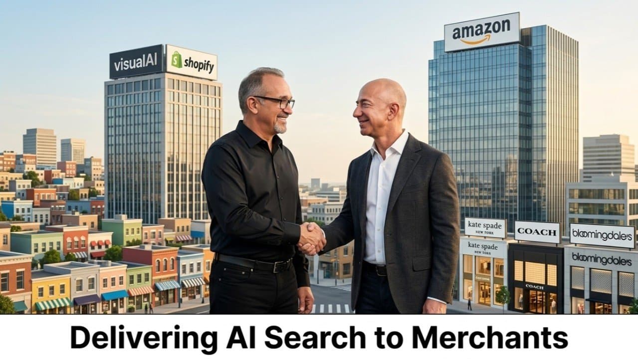 Two executives shake hands before visualAI, Shopify and Amazon tower signage, with Delivering AI Search to Merchants visible below the cityscape.
