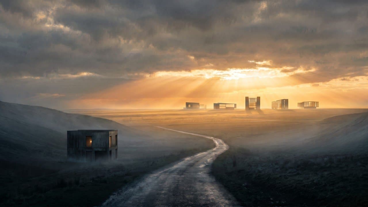 A winding road leads through a misty plain toward modern cabins under glowing sunrise rays, echoing the ChatGPT and shopperGPT post.