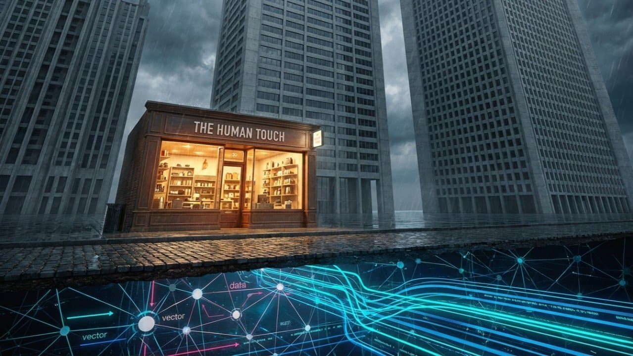 Under the title What Lies Beneath, a small shop called THE HUMAN TOUCH stands between towering skyscrapers above a glowing data network below.
