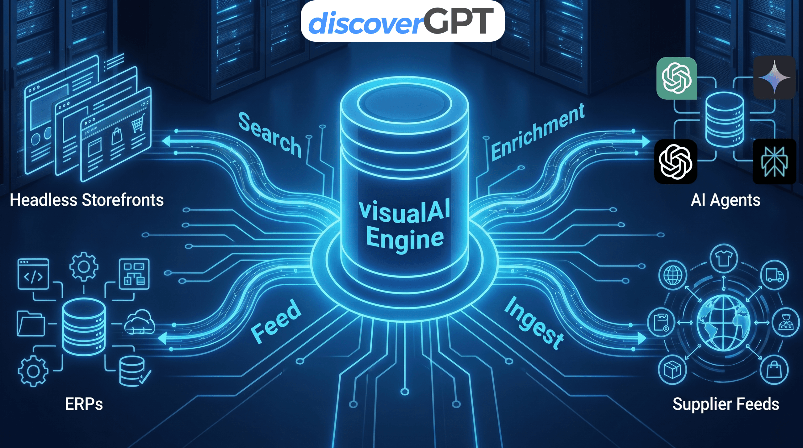 A glowing VisualAI Engine links headless storefronts, ERPs, supplier feeds, search, enrichment, feed, ingest, and AI agents.