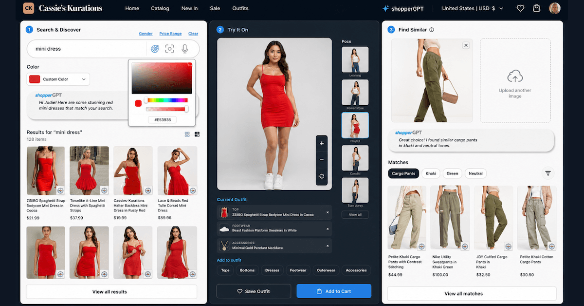 A shopperGPT interface shows search results for a mini dress, a model in a red dress, and similar khaki cargo pants.