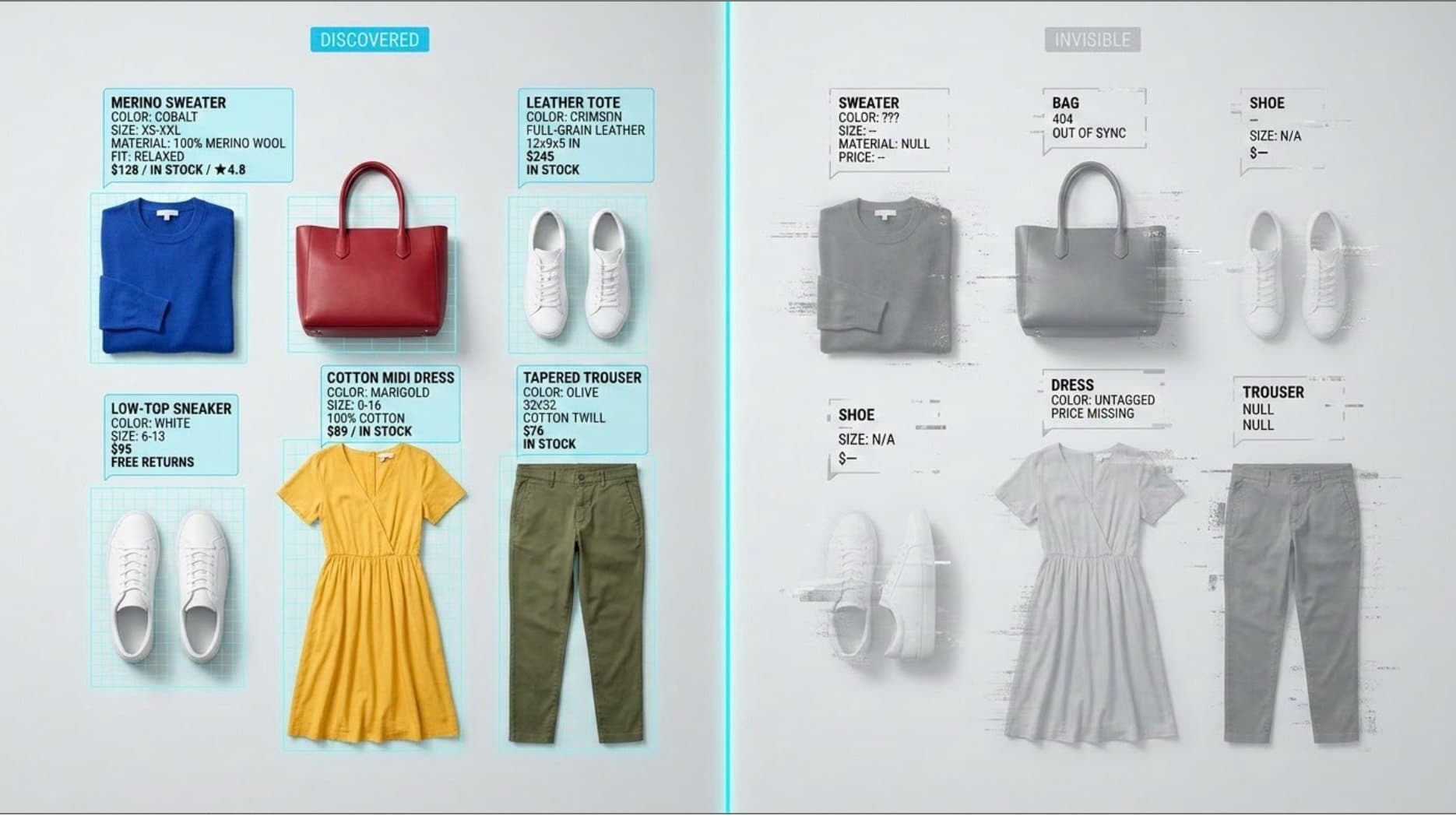 A split graphic contrasts a well-tagged catalog with visible product details against muted items marked with missing attributes and errors.