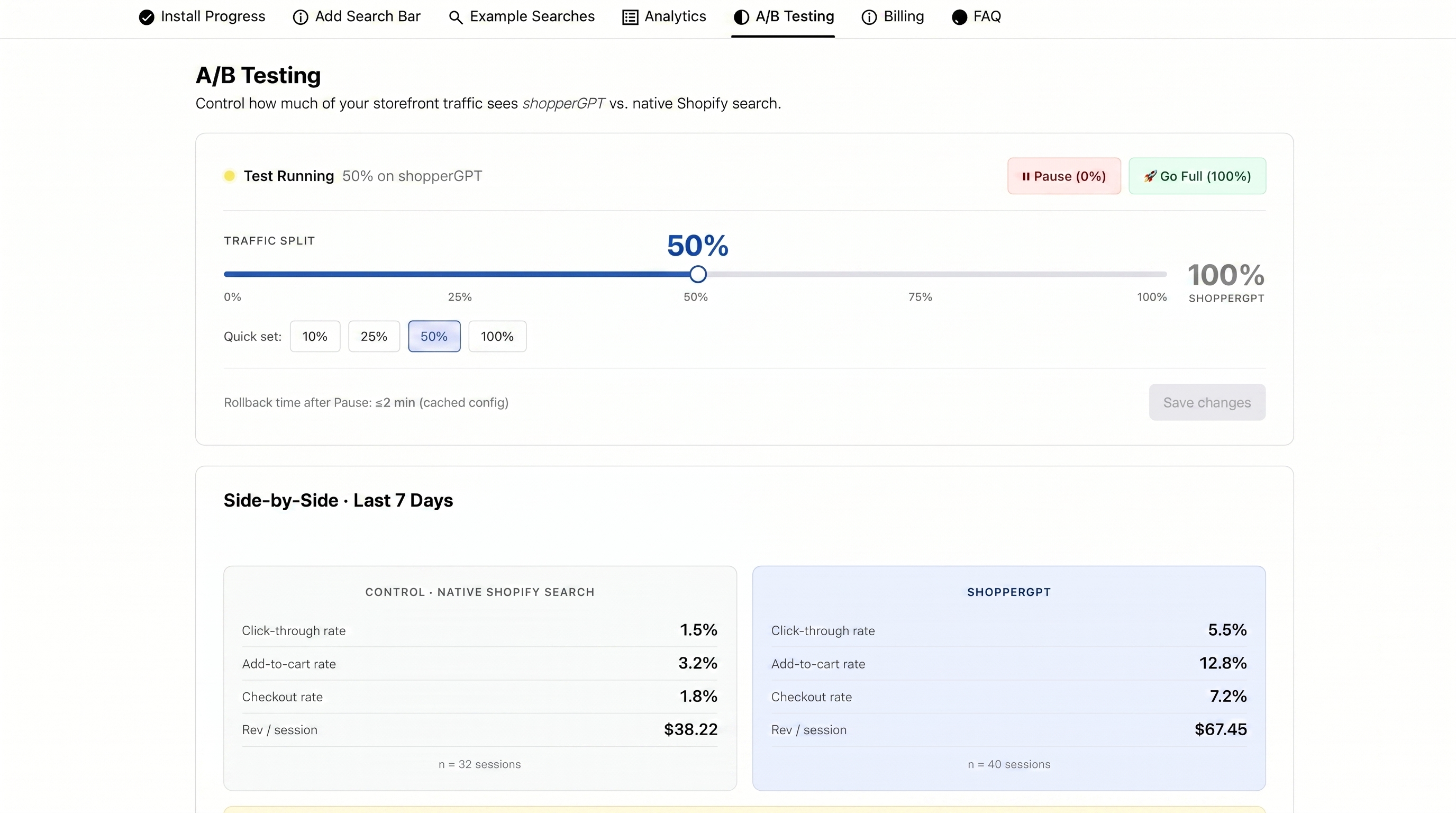 shopperGPT built-in A/B testing dashboard showing live conversion delta vs. native Shopify search
