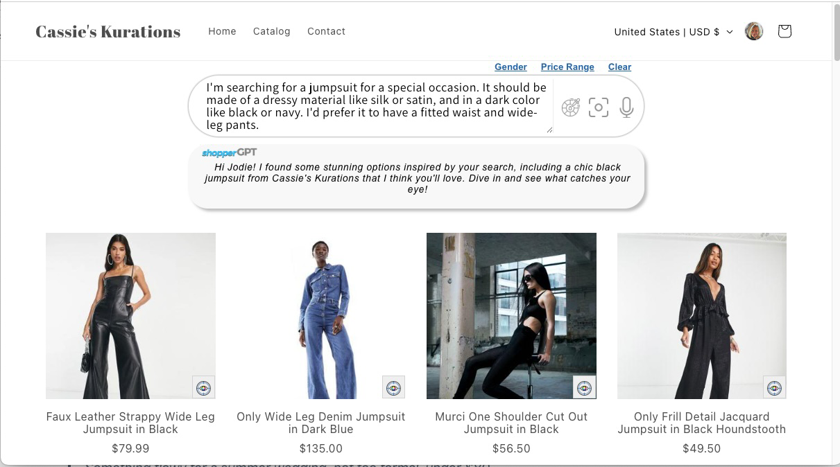 shopperGPT Natural Language Search results